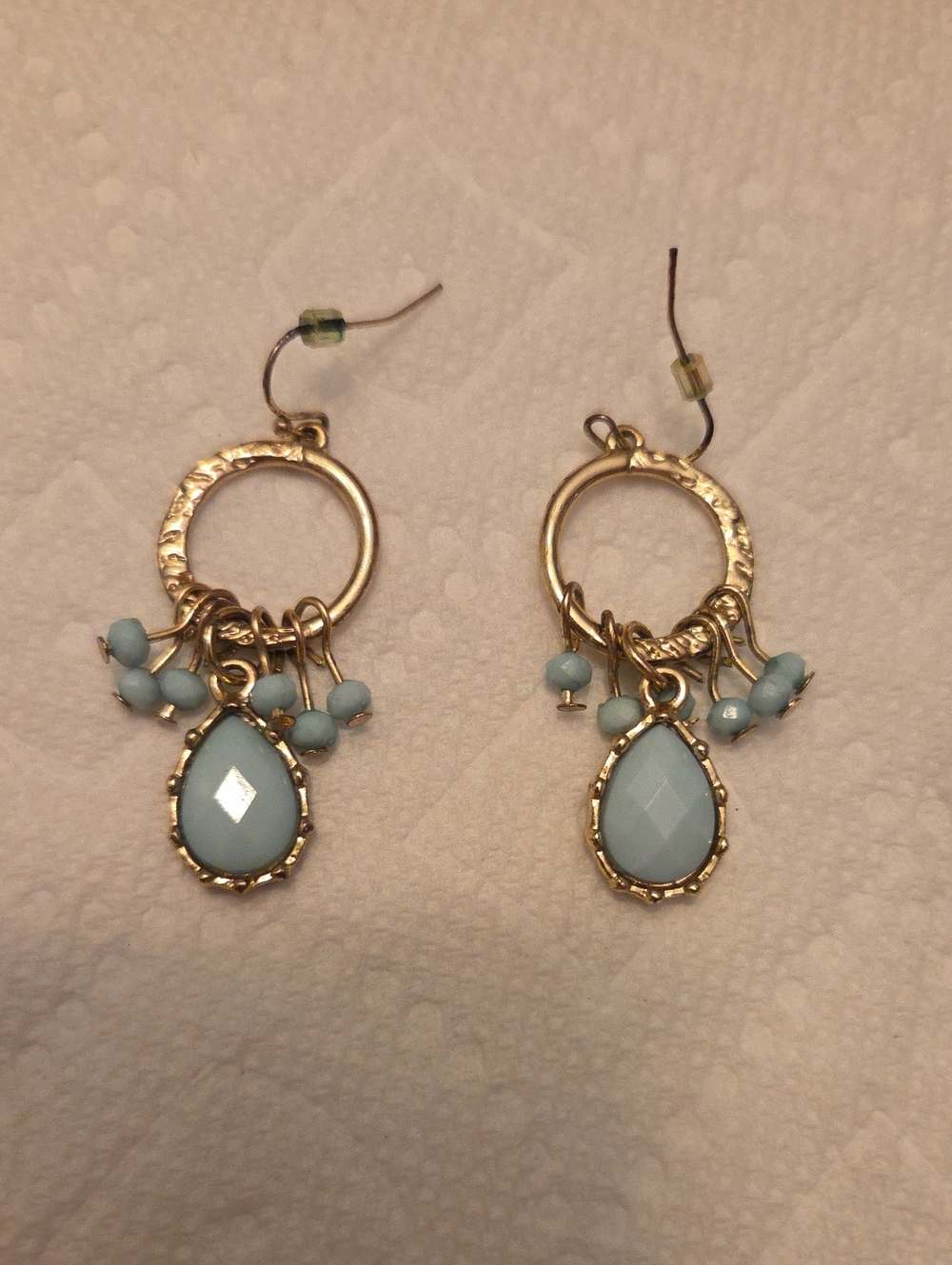 Gold Tone Tear Drop Earrings With Beautiful Blue Stones